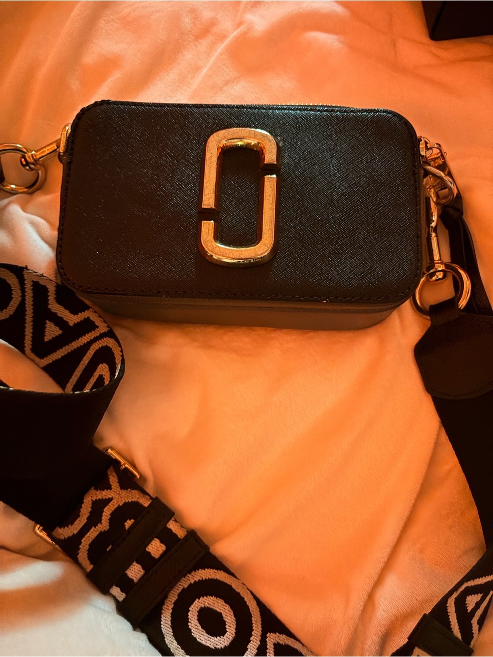 Marc Jacobs Black Crossbody Camera Bag with Gold Hardware and Patterned Strap